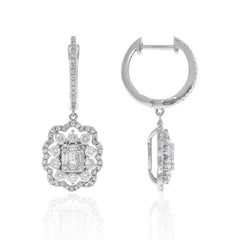 14K White Gold Baguette and Round Diamond Huggie Dangle Earrings