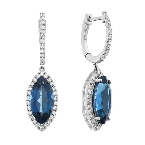 14K White Gold London Blue Topaz and Diamond Drop Earrings