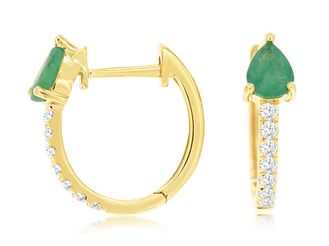 14K Yellow Gold Emerald and Diamond Hoop Earrings
