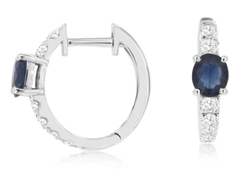 14K White Gold Sapphire and Diamond Huggie Hoop Earrings