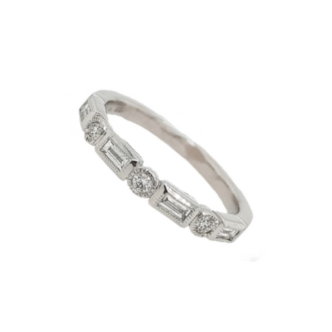 14K White Gold Baguette and Round Diamond Band