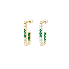 14K Yellow Gold Emerald and Diamond Hoop Earrings