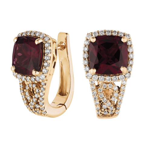 14K Yellow Gold Garnet and Diamond Hoop Earrings