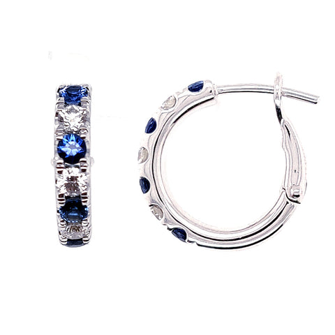 14K White Gold Sapphire and Diamond Hoop Earrings