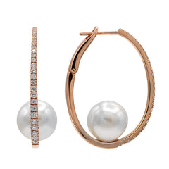 18K Rose Gold Diamond and South Sea Pearl Hoop Earrings
