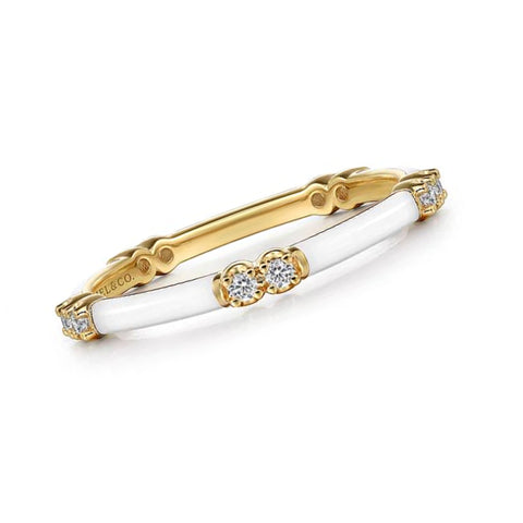 14K Yellow Gold White Enamel and Diamond Ring