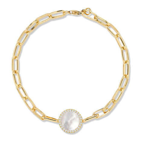 18K Yellow Gold Mother-of-Pearl, Clear Quartz, and Diamond Paperclip Bracelet