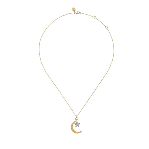 14K White and Yellow Gold Crescent Moon and Star Necklace