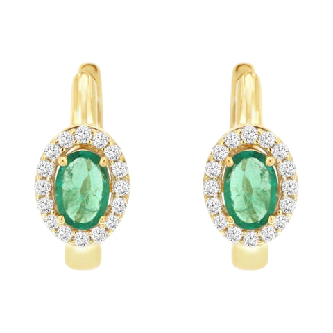 14K Yellow Gold Emerald and Diamond Hoop Earrings