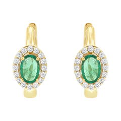 14K Yellow Gold Emerald and Diamond Hoop Earrings