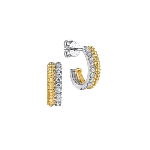 14K Yellow and White Gold Diamond J-Hoop Earrings