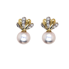 14K Yellow Gold Pearl and Diamond Earrings