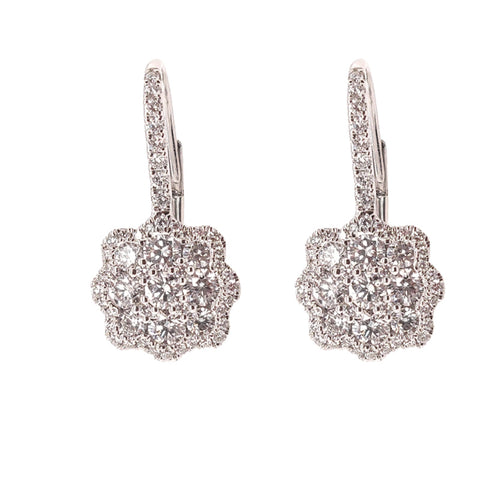 14K White Gold Floral Diamond Drop Earrings