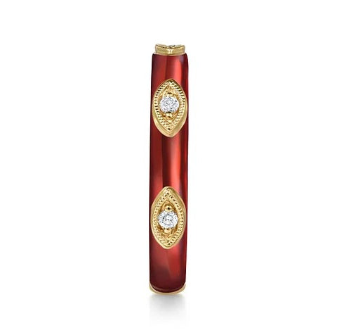 14K Yellow Gold Red Enamel and Diamond Band