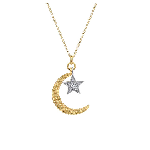 14K White and Yellow Gold Crescent Moon and Star Necklace