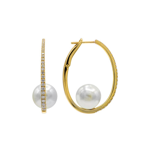 18K Yellow Gold South Sea Pearl and Diamond Hoop Earrings