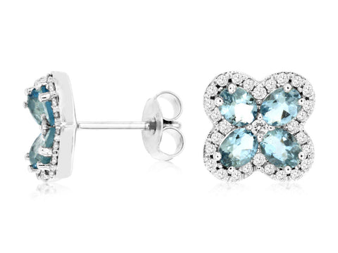 14K White Gold Aquamrine and Diamond Stud Earrings