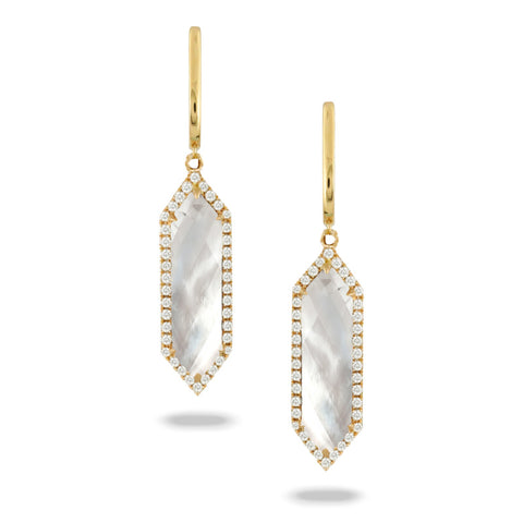 18K Yellow Gold Mother-Of-Pearl, Clear Quartz, and Diamond Drop Earrings