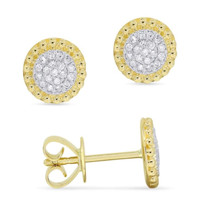 14K Yellow Gold Diamond Cluster Stud Earrings with Bead Halo