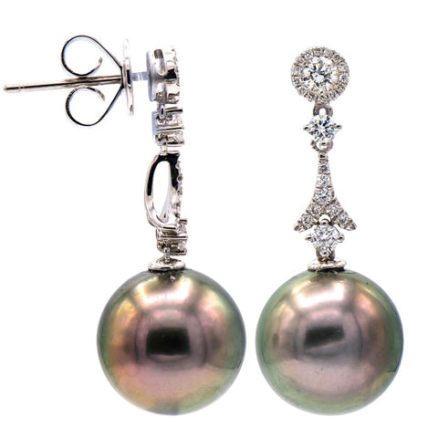 18K White Gold Tahitian Pearl and Diamond Earrings