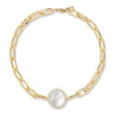 18K Yellow Gold Mother-of-Pearl, Clear Quartz, and Diamond Paperclip Bracelet